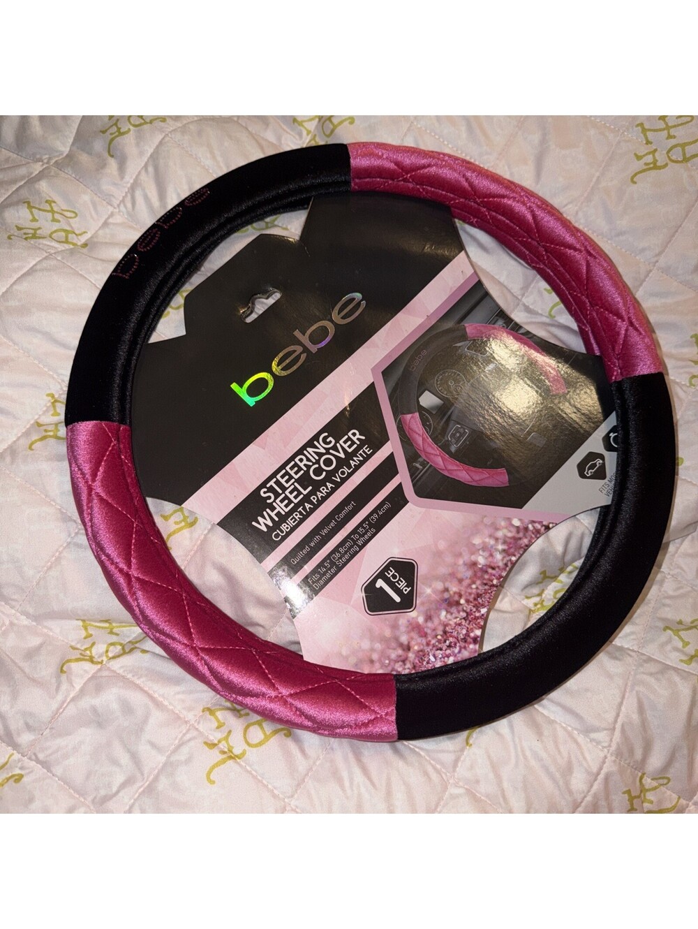 Bebe velvet pink Steering Wheel Cover - With Bebe Written In Rhinestones